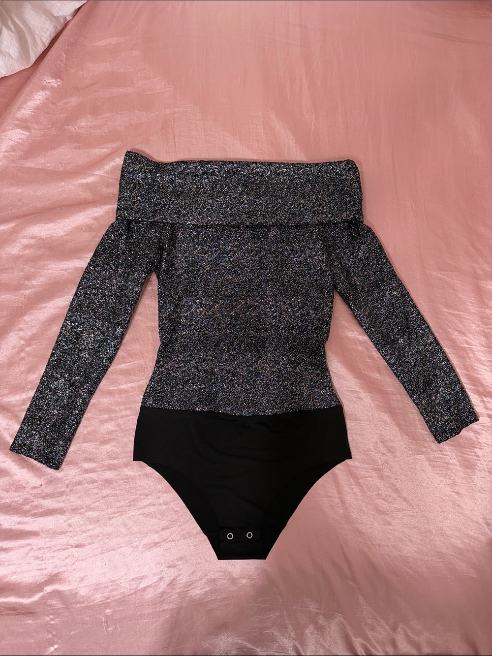 Zara Off-Shoulder Sparkle Bodysuit in Black and Silver